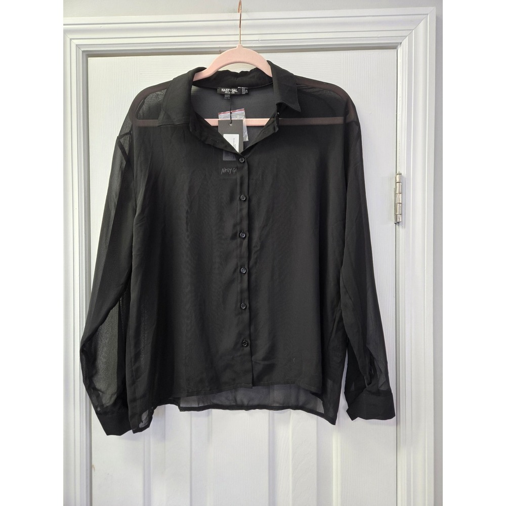Nasty Gal Black Chiffon Button  Up Shirt Sheer Long Sleeve 2 NEW Goth Grunge